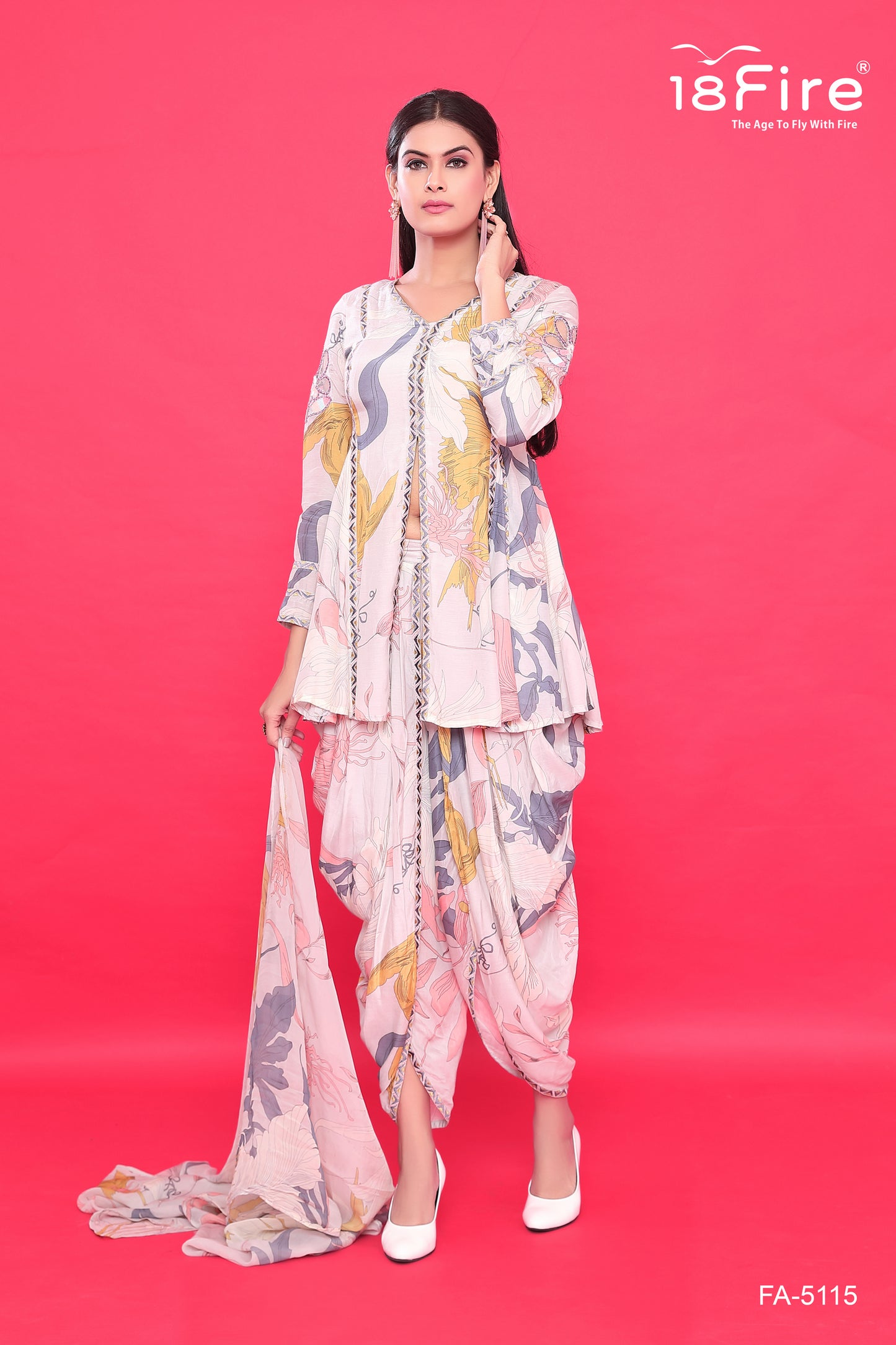 Minimal Flower Print Kurti with Dhoti Style Pant and matching dupatta (FA5115A)