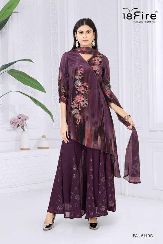 Elegant Wine Indo-Western Asymmetric Plazo Suit with Floral Print & Dupatta (FA5119C)