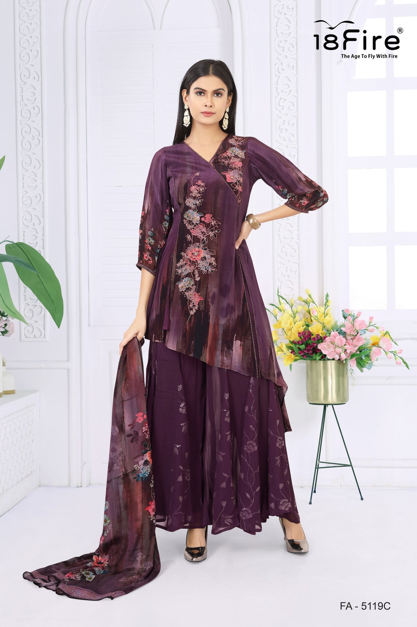 Elegant Wine Indo-Western Asymmetric Plazo Suit with Floral Print & Dupatta (FA5119C)