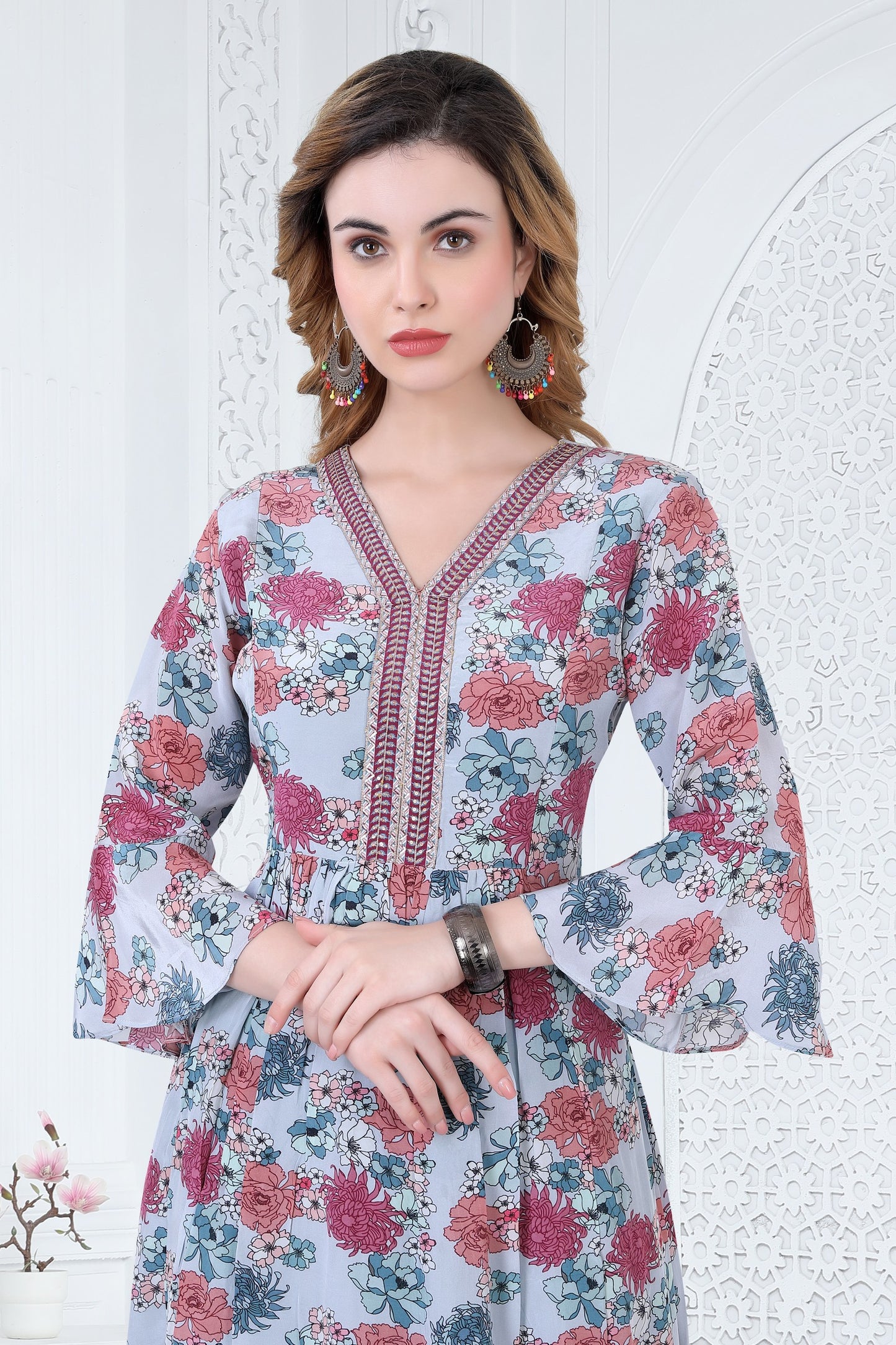 Elevate your ethnic wardrobe with the exquisite Floral Printed Leheriya Kurti Pant Set with Dupatta (FA5135)