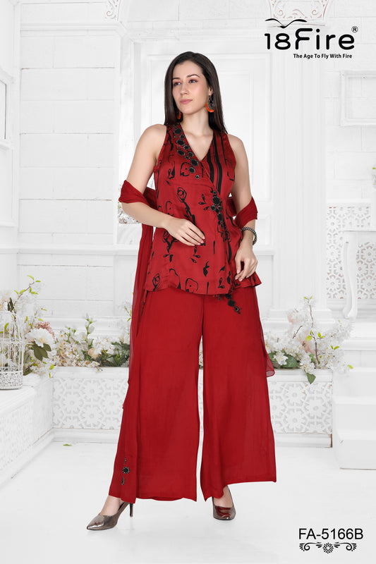 Elegant Red Asymmetrical Kurti & Sharara Set with Dupatta