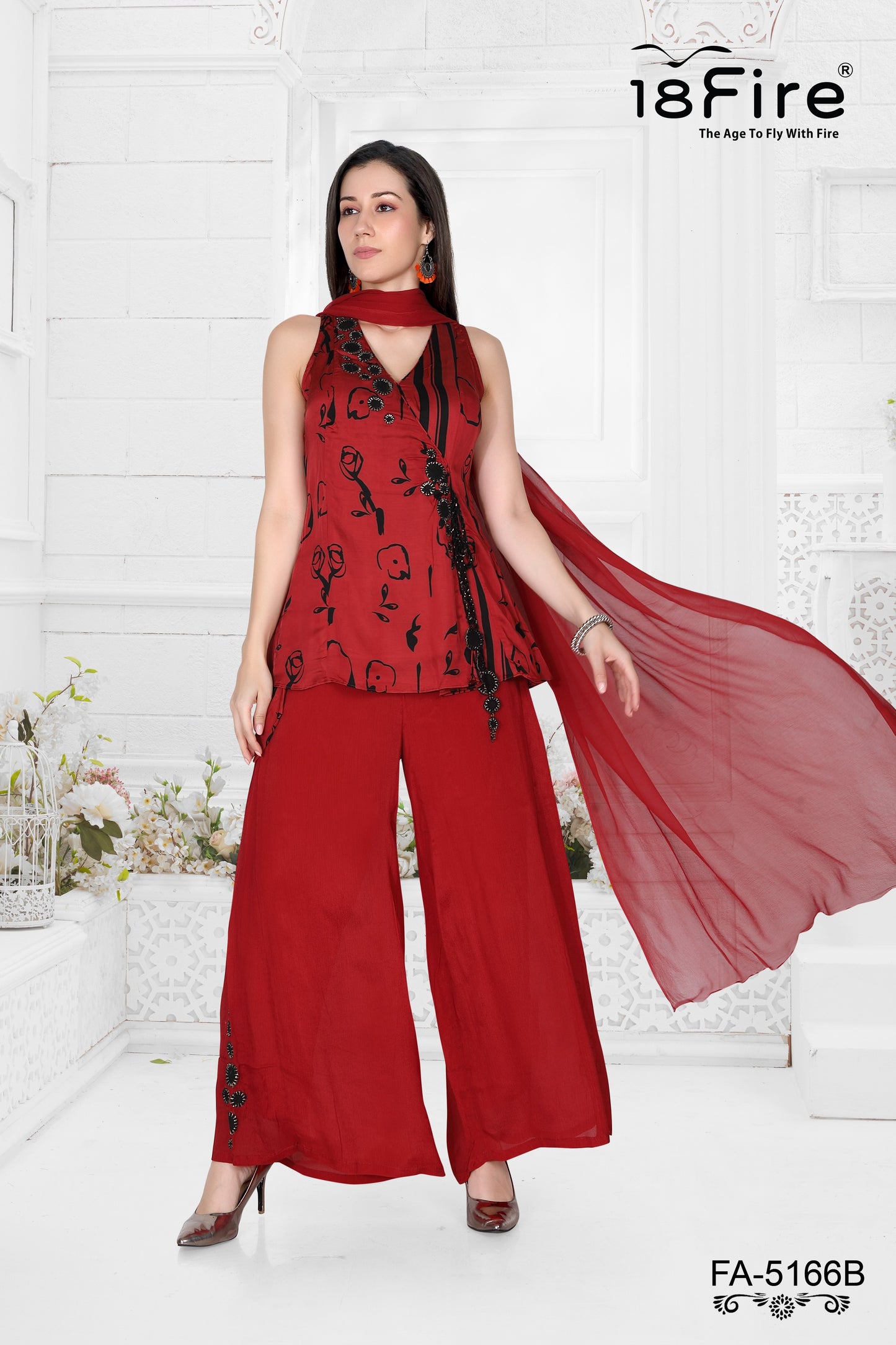 Elegant Red Asymmetrical Kurti & Sharara Set with Dupatta