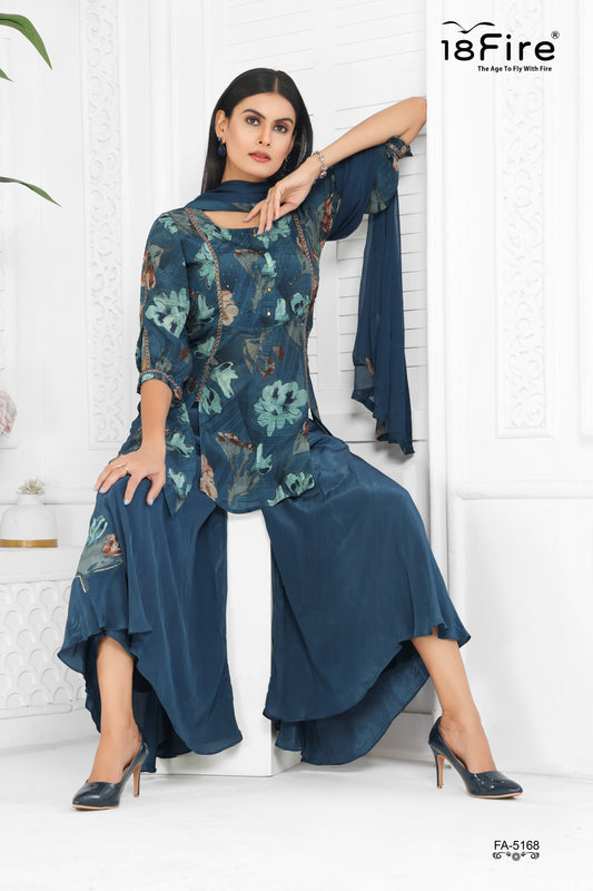 Peacock Blue Floral Print Palazzo Suit (FA5168)