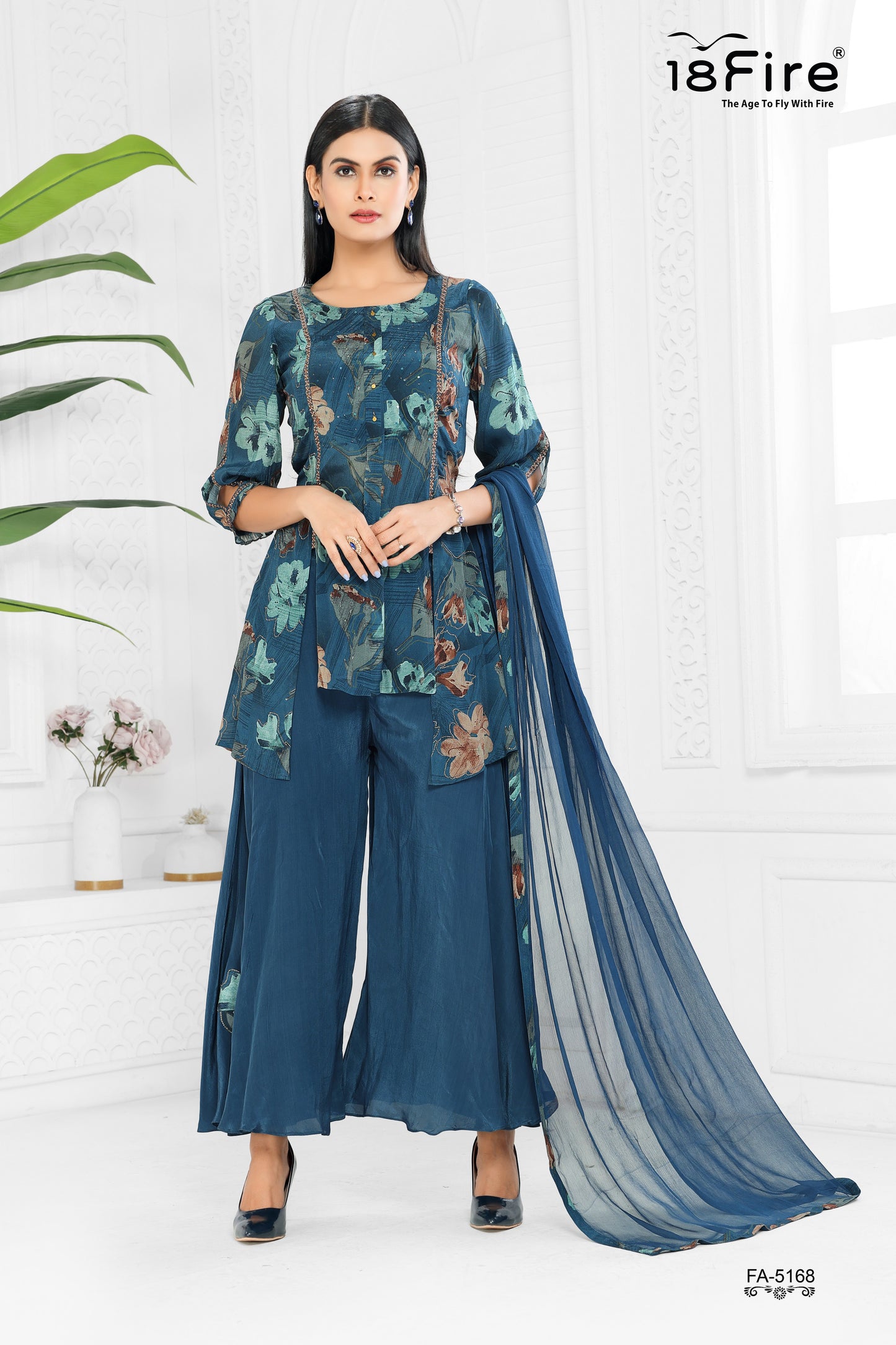 Peacock Blue Floral Print Palazzo Suit (FA5168)