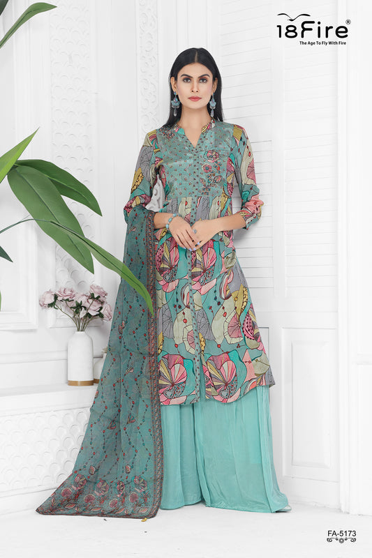 Flower print Green Kurti with matching pair of dupatta and palazzo (FA5173)