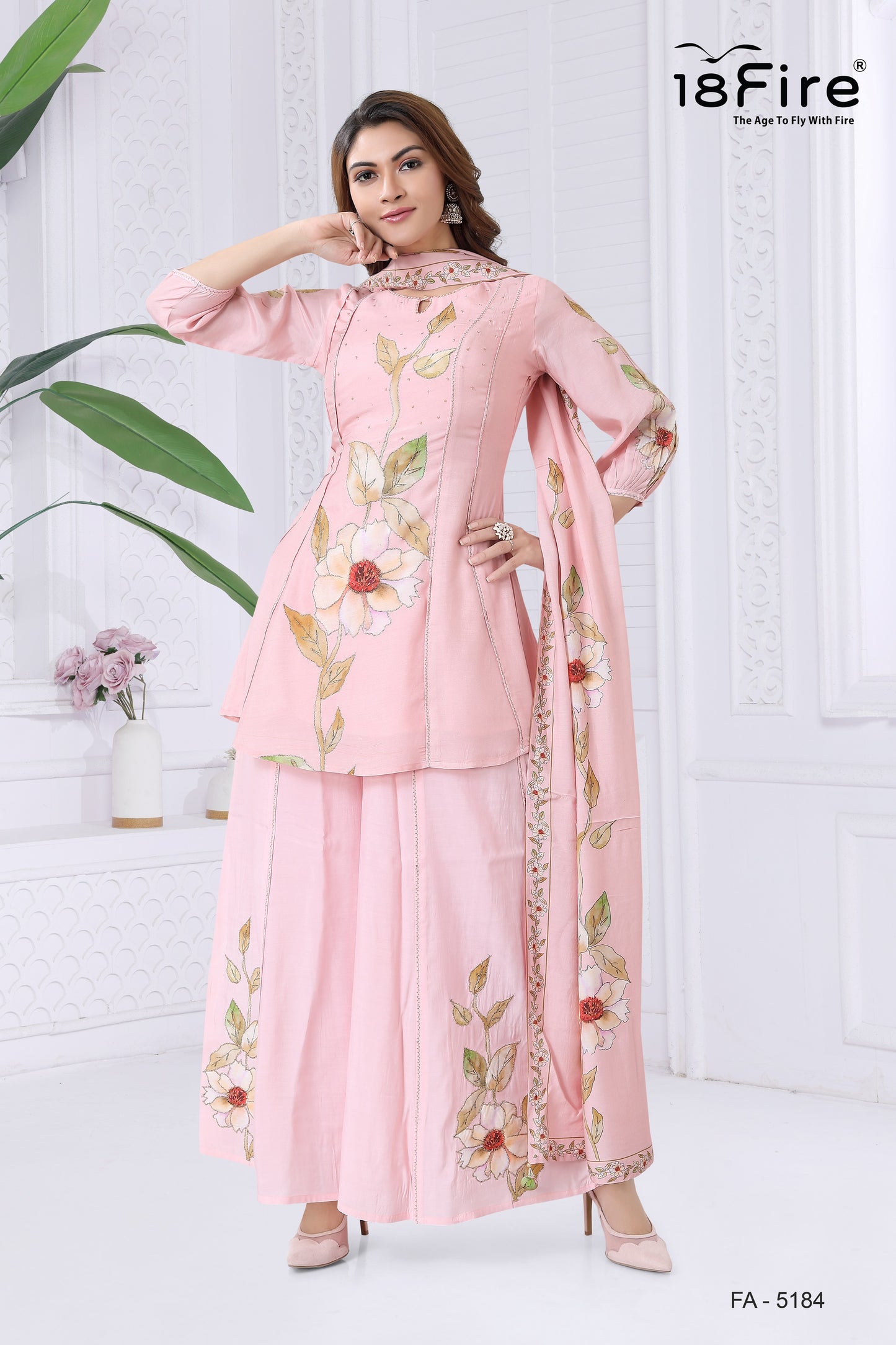 Pink Floral Embroidered Kurta Sharara Set with Dupatta (FA5184)