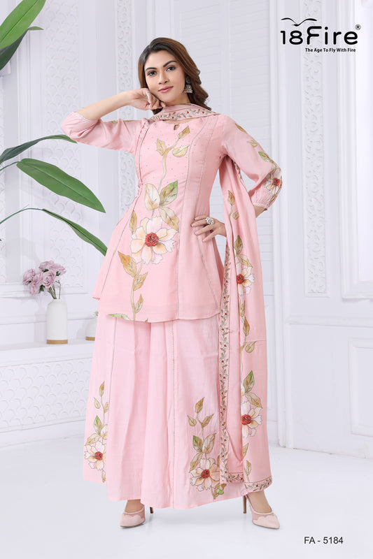 Pink Floral Embroidered Kurta Sharara Set with Dupatta (FA5184)