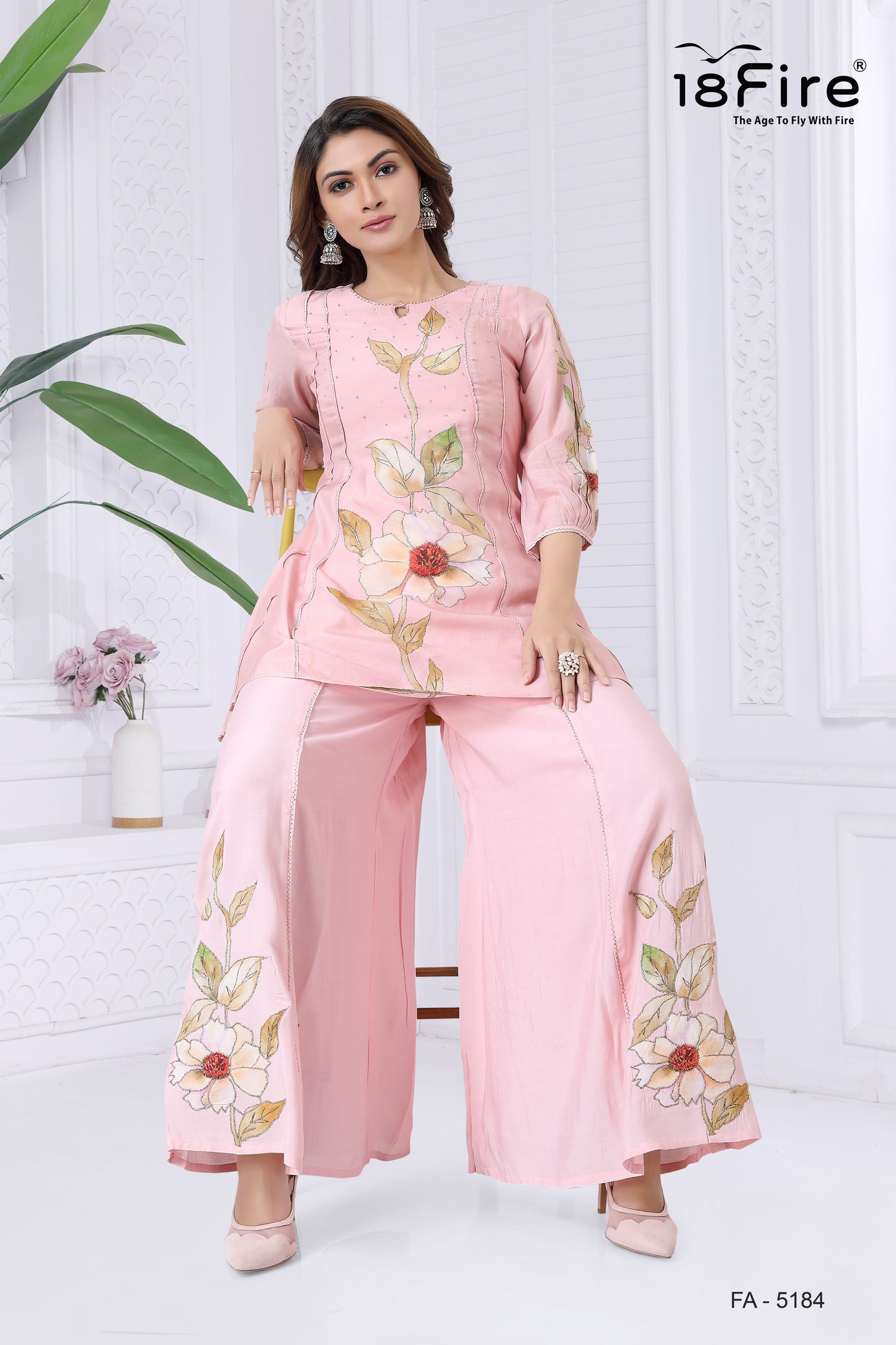 Pink Floral Embroidered Kurta Sharara Set with Dupatta (FA5184)