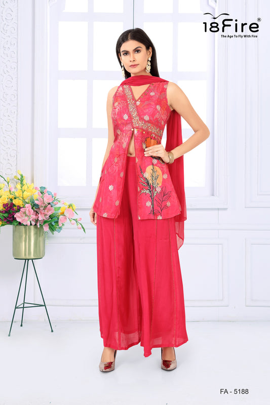 Elevate your ethnic wear collection with this stunning Vibrant Pink Printed Peplum Palazzo Sharara Set (FA5188)