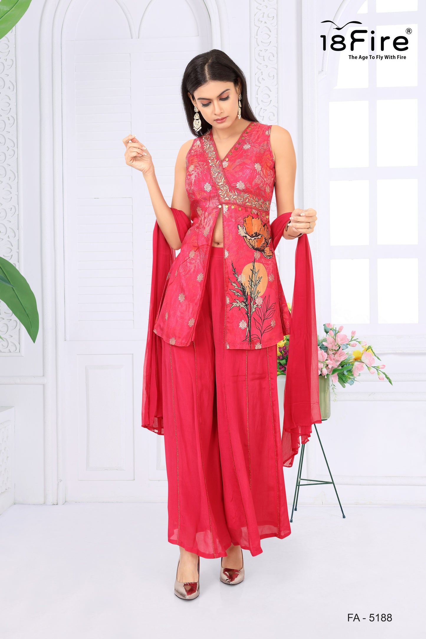 Elevate your ethnic wear collection with this stunning Vibrant Pink Printed Peplum Palazzo Sharara Set (FA5188)