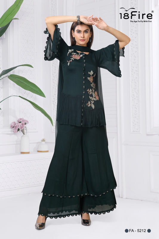 Elegant Embroidered Dark Green Natural Crepe Palazzo Suit Set (FA5212)