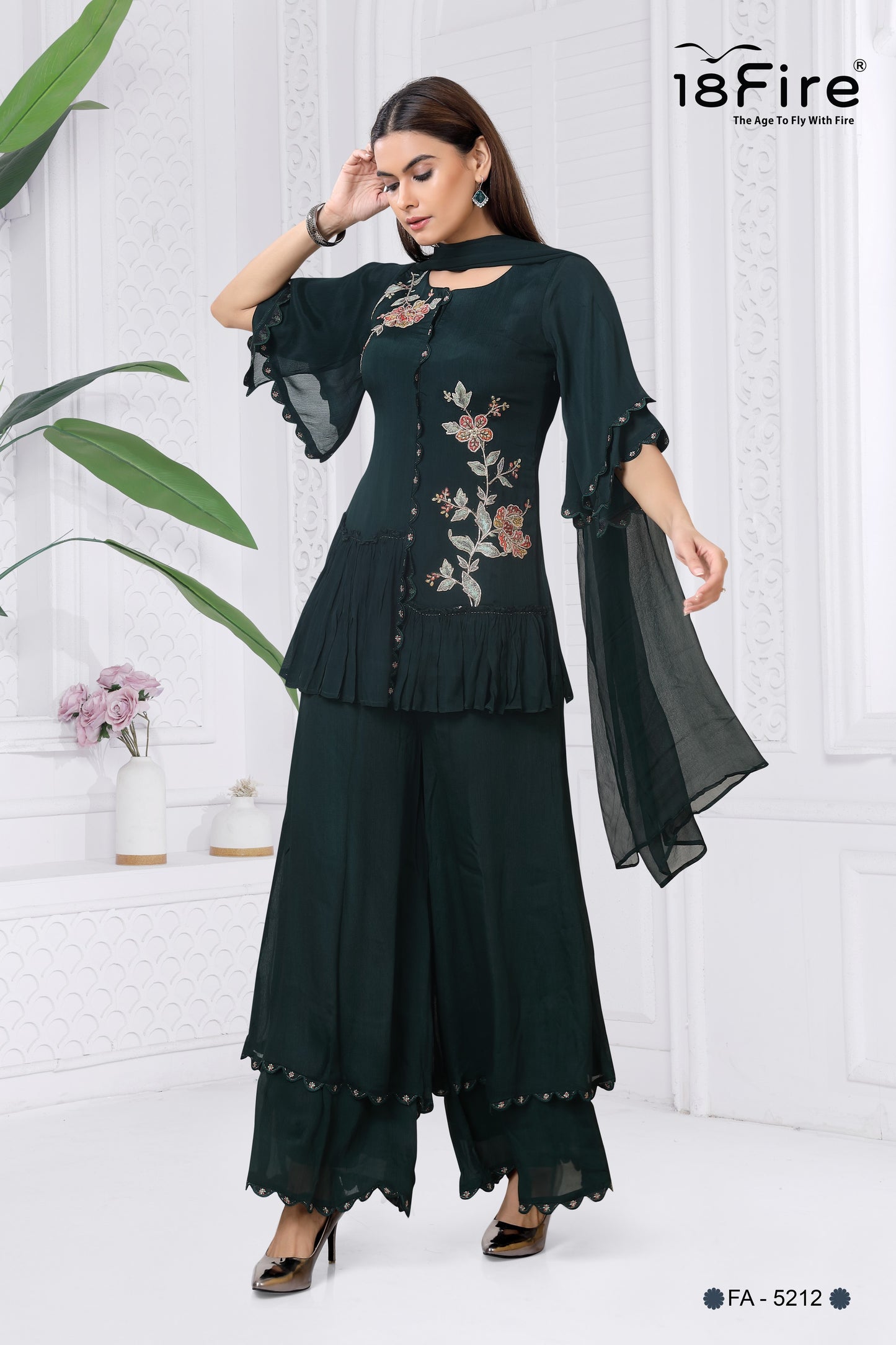 Elegant Embroidered Dark Green Natural Crepe Palazzo Suit Set (FA5212)