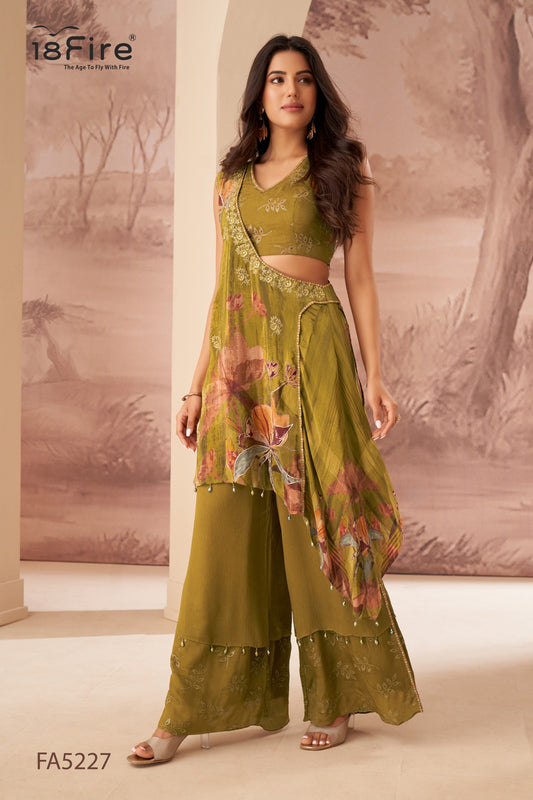 Olive Green Floral Printed Palazzo Suit / Indo-Western Ethnic Set (FA5227)