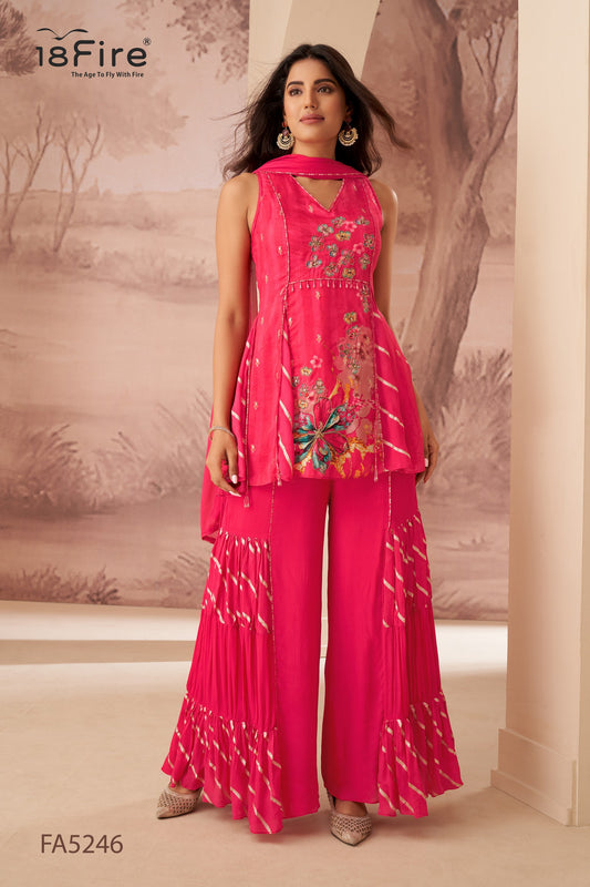 This fuchsia pink set blooms with vibrant floral embroidery, a sleek high neckline, and playful palazzos with gathered texture (FA5246)