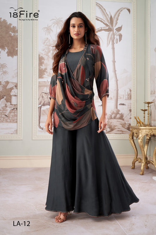 Stylishly draped top adorned with modern abstract shade paired with matching bottom (LA12)