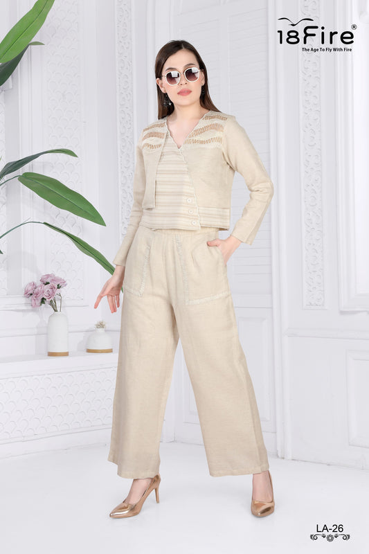 Beige linen ensemble Cord Set consisting of a V-neck top with embroidered details and wide-leg trousers (LA26)